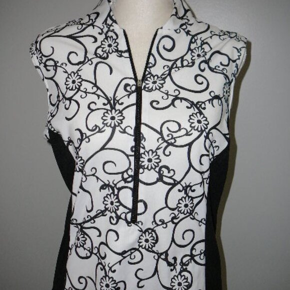 Terry Bicycles Sleeveless White & Black Floral 1/2 Zip Top, Pockets Mesh Sides-M - Picture 1 of 7